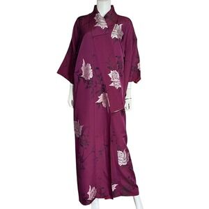 ThisBlueBird Vintage Floral Kimono Robe Purple Pink Rose Print Women Size Medium